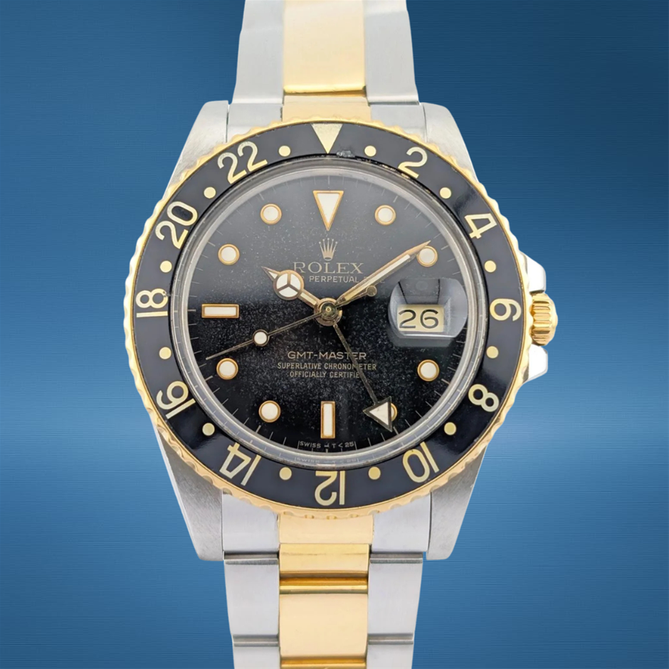 ROLEX GMT-MASTER 40MM YELLOW ROLESOR 16753 AUTOMATIC BLACK DIAL WXO & COA