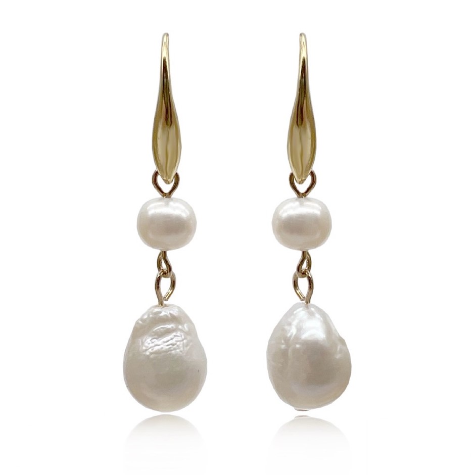 7-8mm White Freshwater, Baroque Pearl Dangling Earrings.