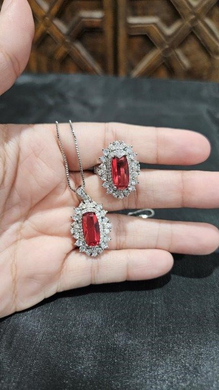 10.0ct Ruby Simulated Diamonds Stones Pendant and Ring