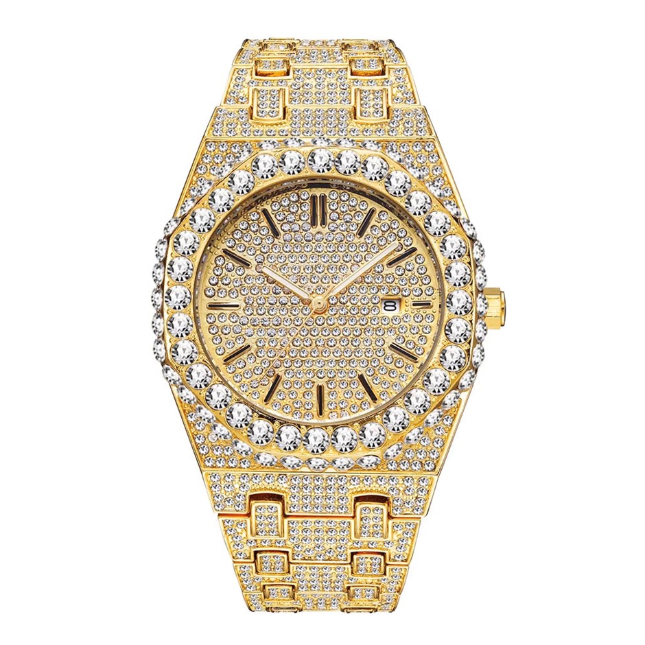 Luxury 18K Gold Plated Full Diamond Quartz Iced Out Wrist Watch
