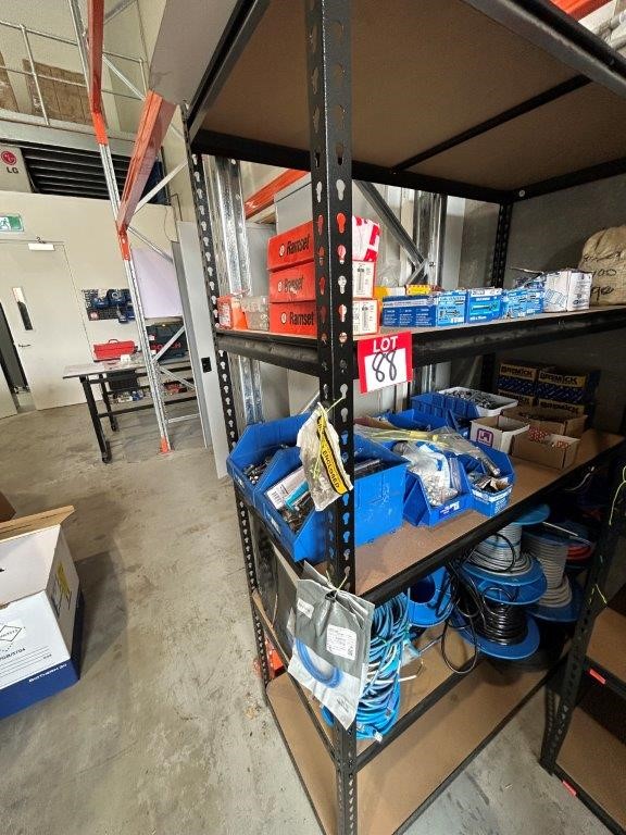 Shelving Unit and Contents with Large Quantity of Fasteners & Cable Rolls