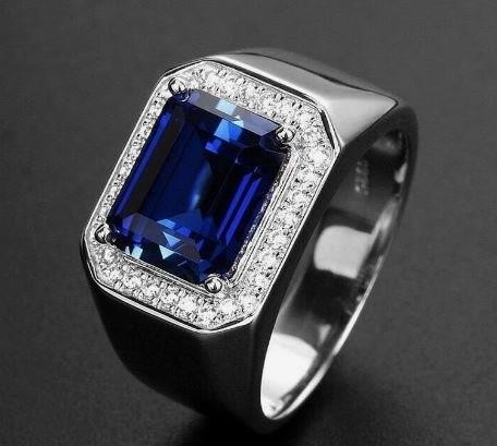 925 Silver Ring 3.0ct Blue Emerald Cut Simulated Diamodns-9us