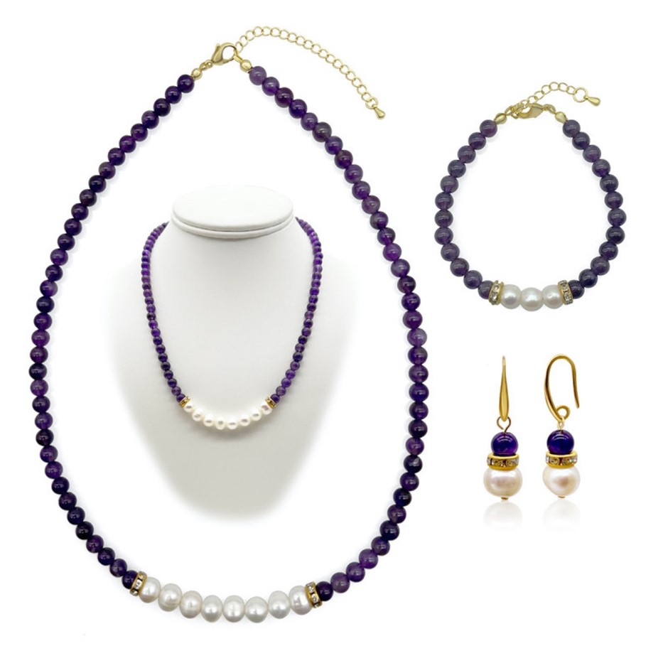 Amethyst, Rose Quartz, Pearls Jewellery Set