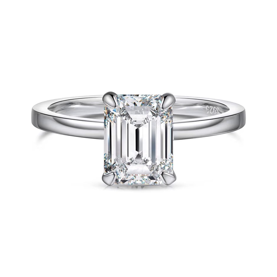 2.0ct Rectangle GRA Certified Moissanite 925 Sterling Silver Ring - Size 8
