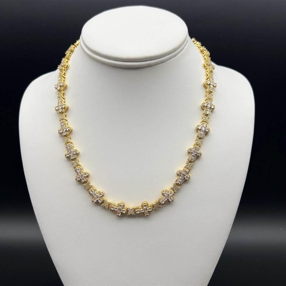 18K Gold-Filled Cross & Flower Necklace with Simulated Diamonds - 55.8cm