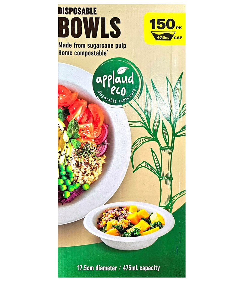 Pack of 150pc APPLAUD ECO Disposable Bowls, 17.5cm Diameter, 475ml Capacity