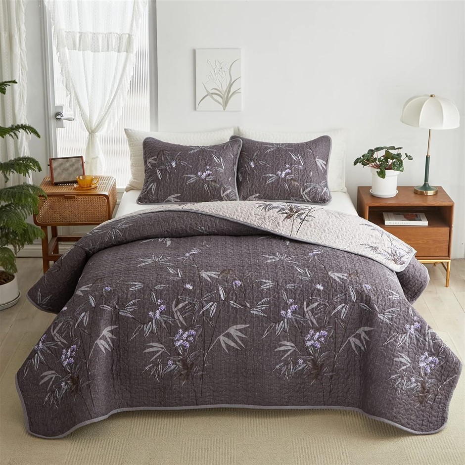 FLYSHEEP Black Leaves Botanical Design Reversible Bedspread Coverlet Set, S