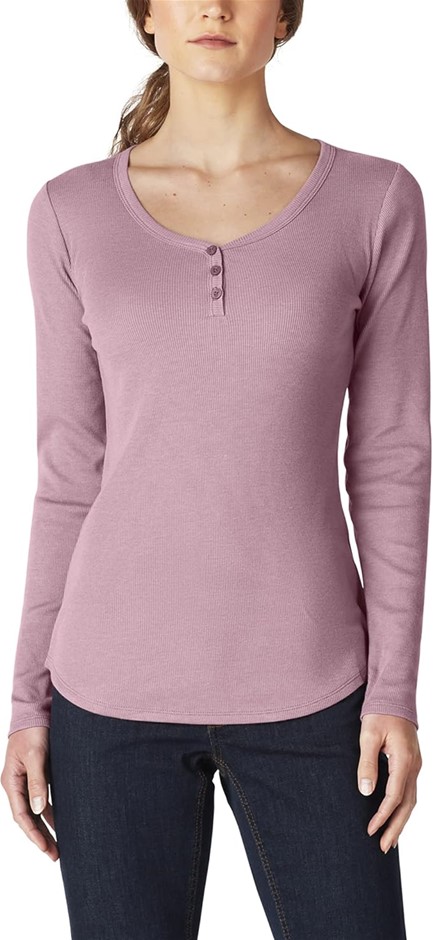 DICKIES Women's Long Sleeve Henley, Size S, Dusky Orchid Single Dye, FL097K
