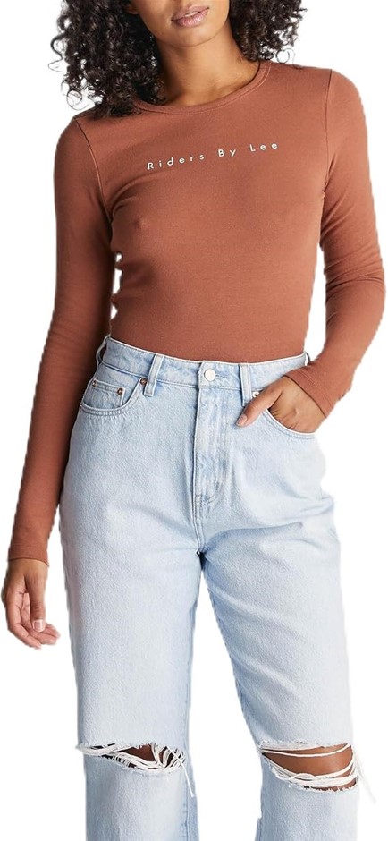 RIDERS BY LEE Women's Slim Long Sleeve Rib Tee, Size 12, Chest Nut, R/55228