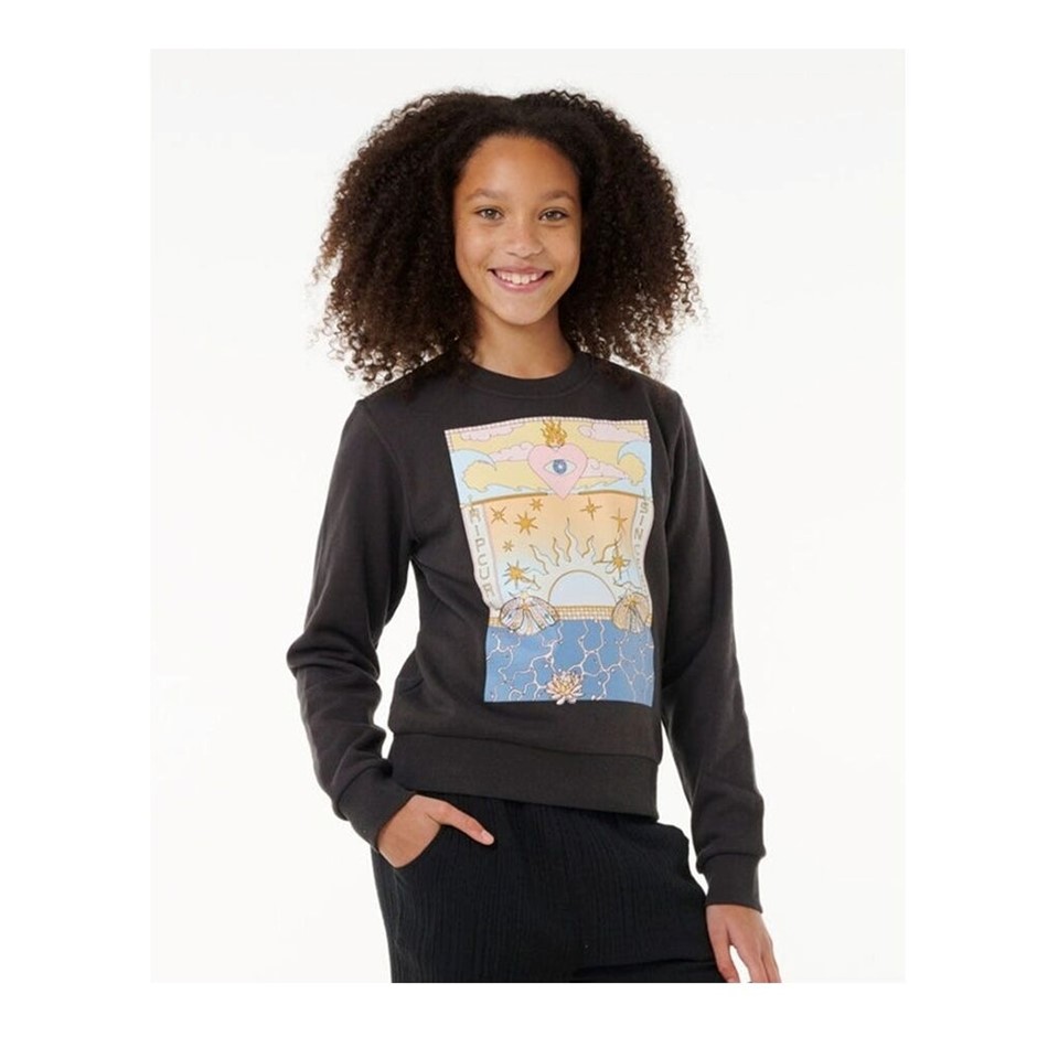 RIP CURL Girl's Summer Solstice Art Crew Sweatshirt, Size 12, Washed Black.