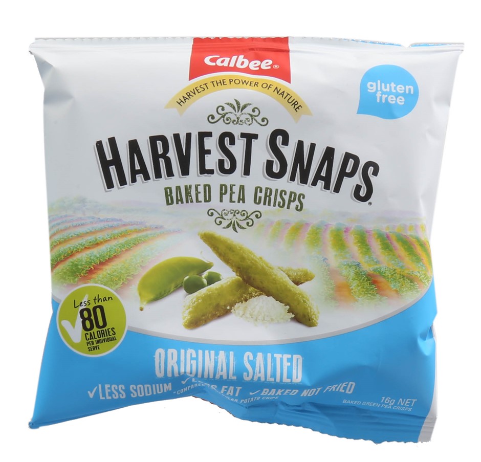 90 x CALBEE Harvest Snap Baked Pea Crisps 16g, Single Serve. Best Before: 1