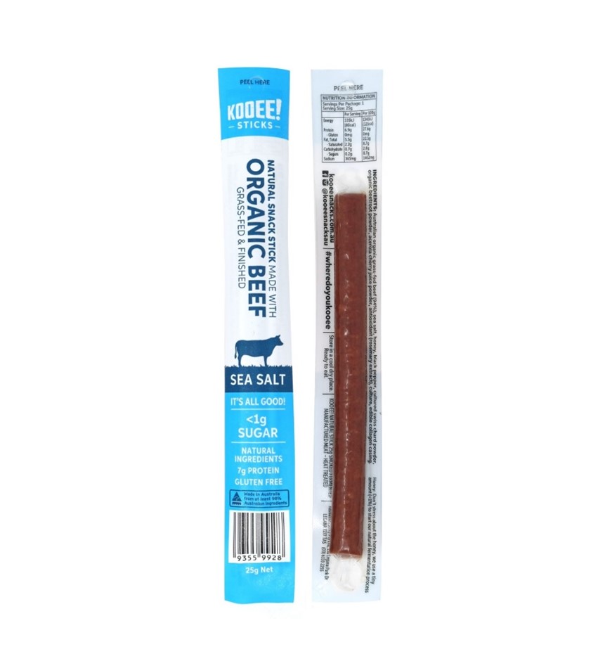 18 x KOOEE Organic Beef Sea Salt Snack Stick, 25g.