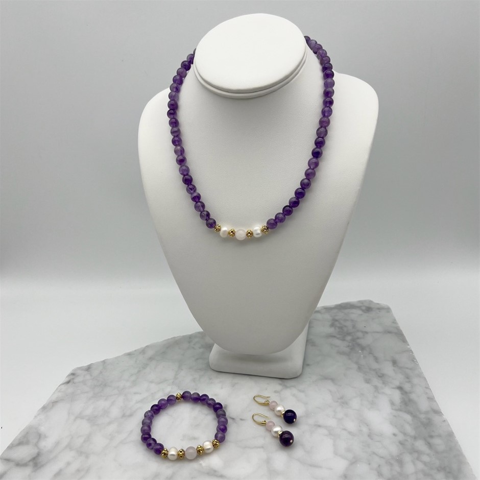 Amethyst, Rose Quartz, Freshwater Pearls & Antique Gold Spacers