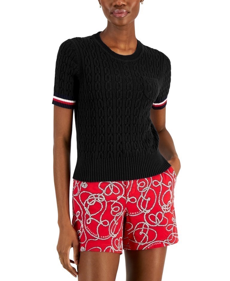 TOMMY HILFIGER Women's Short Sleeve Sweater, Size XS, 100% Cotton, Black (0