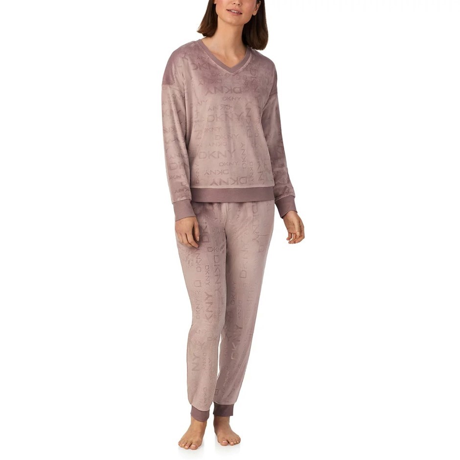 DKNY Women's 2pc Stretch Velour Lounge Set, Size 2XL, Taupe Purple. Buyers