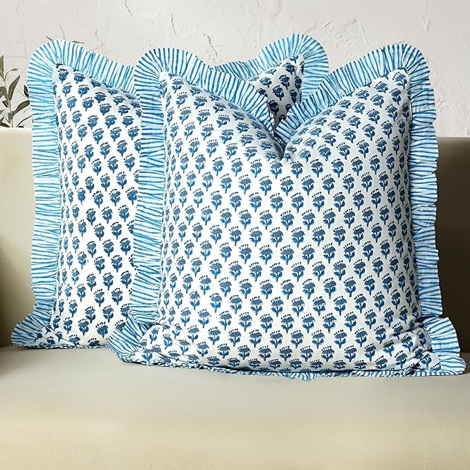 CPC Apatite Blue Ruffle Throw Pillow Covers for Couch, 18x18 Inch Cotton St
