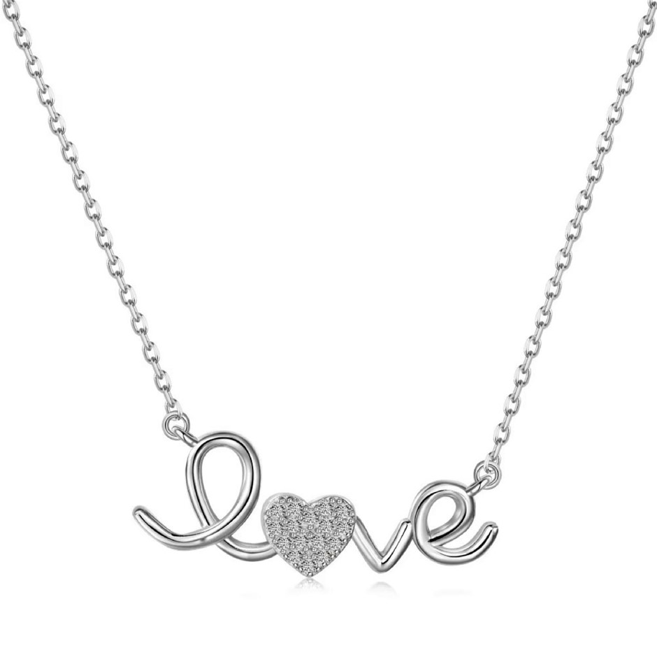 925 Sterling Silver Simulated Diamonds 'Love' Pendant Necklace