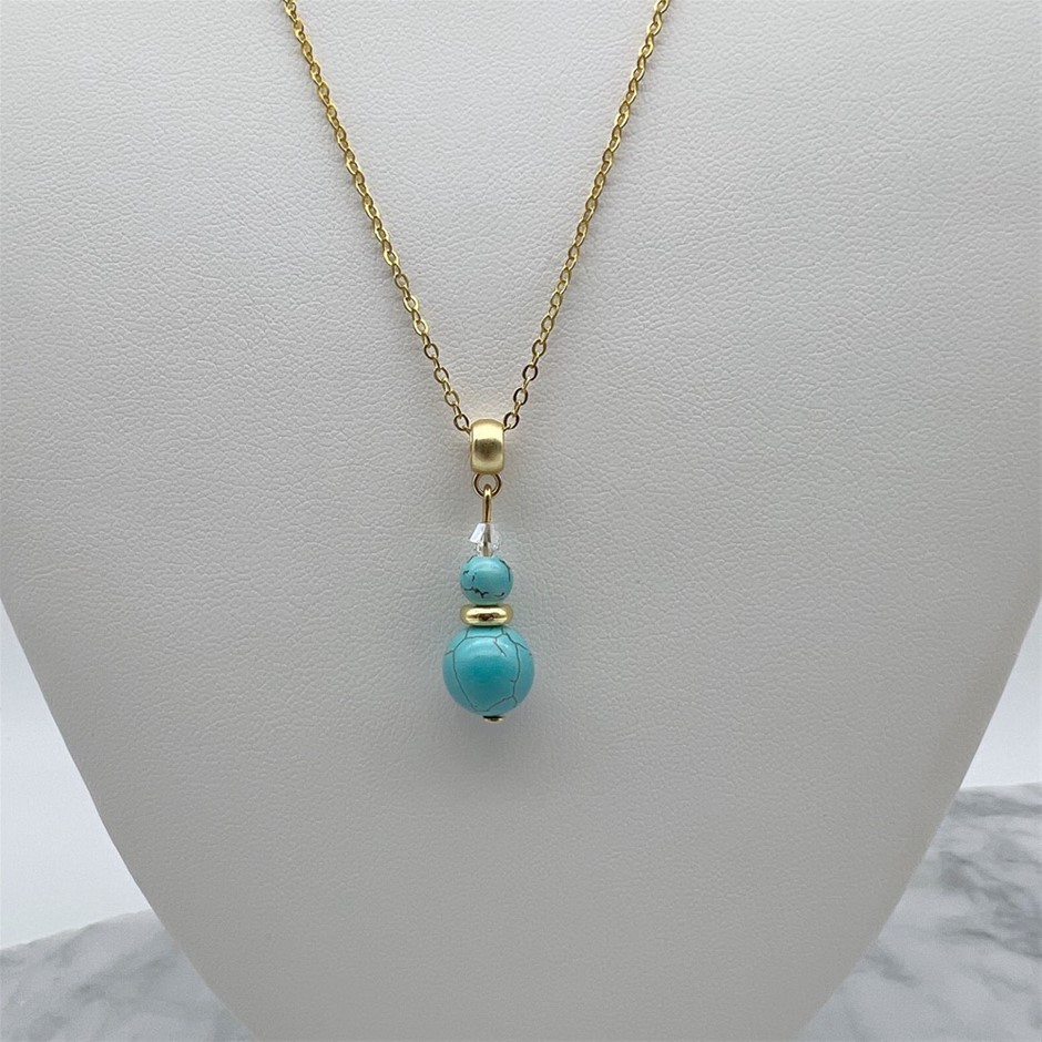 Synthetic Turquoise & Swarovski® Austrian Crystal Gold Pendant Necklace