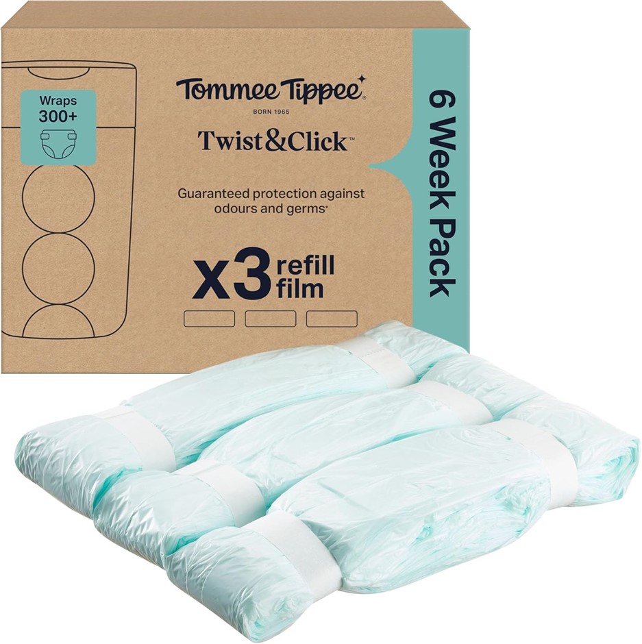 2 X TOMMEE TIPPEE Twist & Click Nappy Bin Refill Film, Pack of 3.