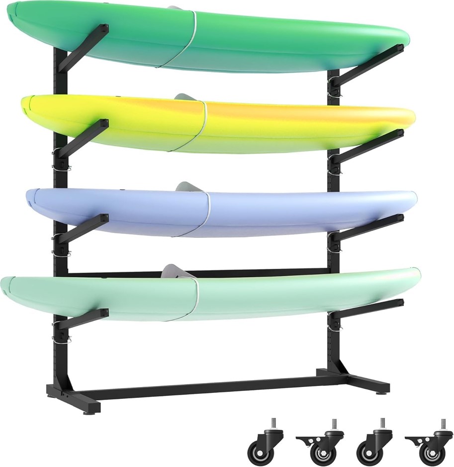 XICEN Heavy Duty Kayak Stand Canoe Rack with Wheels, 4 Tier, Black. NB: Sli