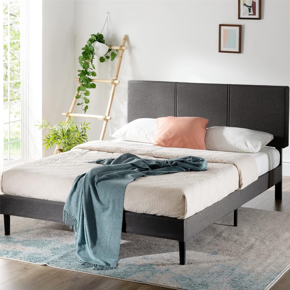 ZINUS Cambril Bed Frame with Strong Slats, Dark Grey Fabric, Queen. NB: Sl