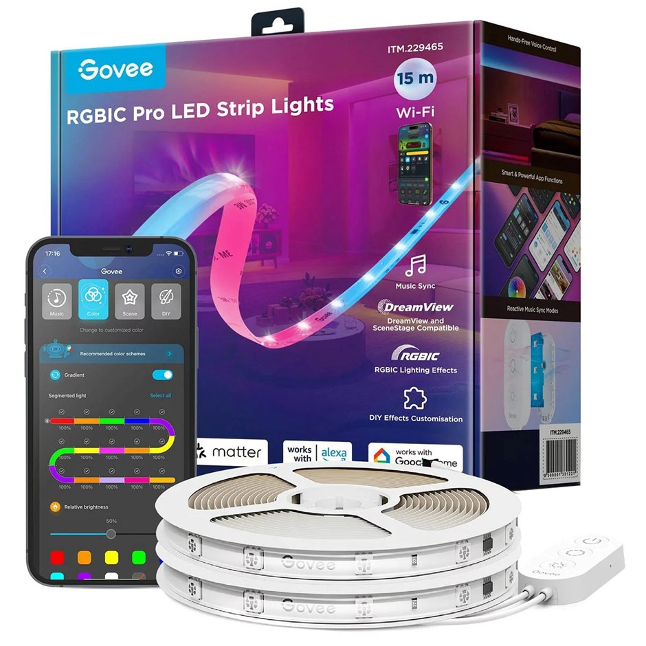 GOVEE RGBIC Pro LED Strip Lights, 15m. NB: slightly damaged box.