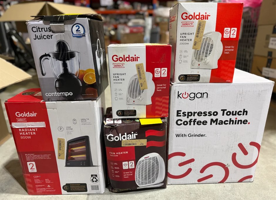 6x Assorted Small Appliances including heaters, citrus juicer, and espresso