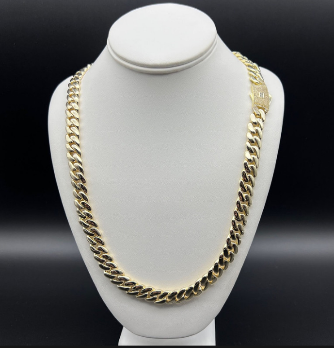 14K Gold-Filled Solid Cuban Necklace, Simulated Diamonds, 10MM Wide - 66cm