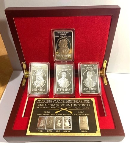 NED KELLY Set of 4 x 1oz Ingots with box 999 Antique Silver Plated