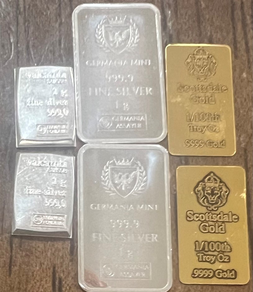 1/100 Scottdale gold bar x 2, 1g Valcumbi & 1Germania Silver bar x 2 each