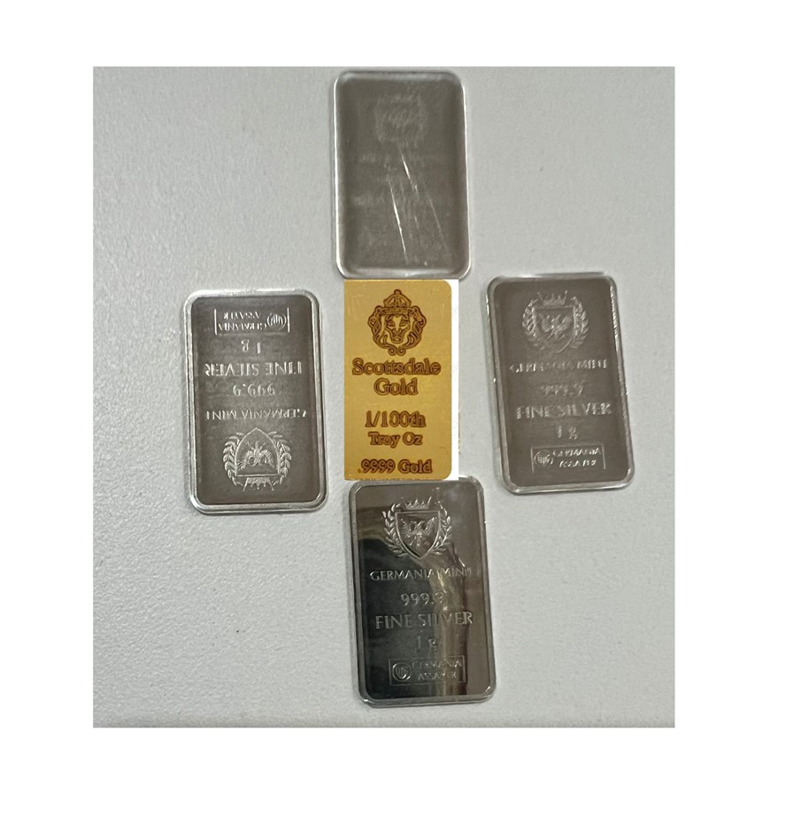 1/100oz Scottsdale Mint Gold Bar & 1 gram germania bar x 4