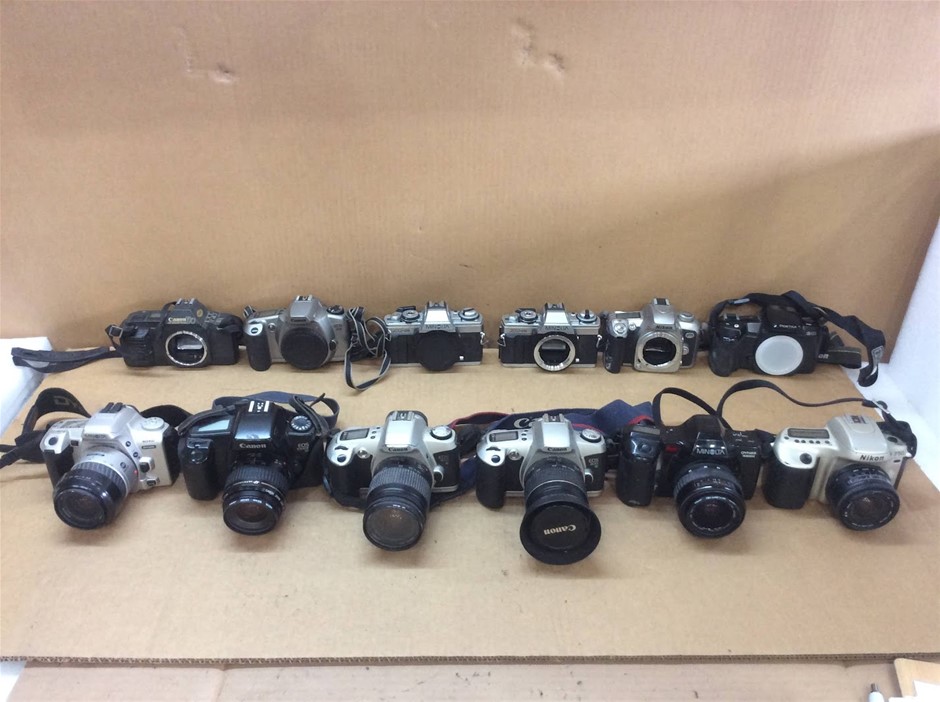 Mixed Film SLR Cameras Lot (Canon, Nikon, Minolta, Pentax) - (Lot of 12)