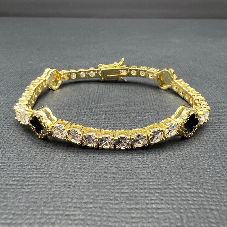 Gold-Filled Tennis Bracelet Four-Leaf Clover & Simulated Diamonds - 22.8cm