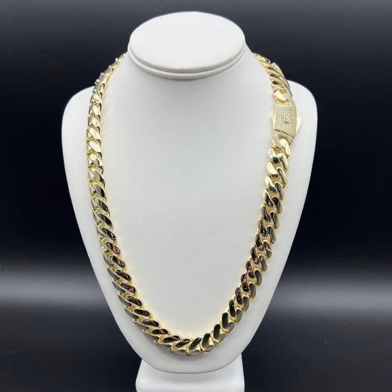 14K Gold-Filled Solid Cuban Necklace, Simulated Diamonds,15MM Wide - 66cm