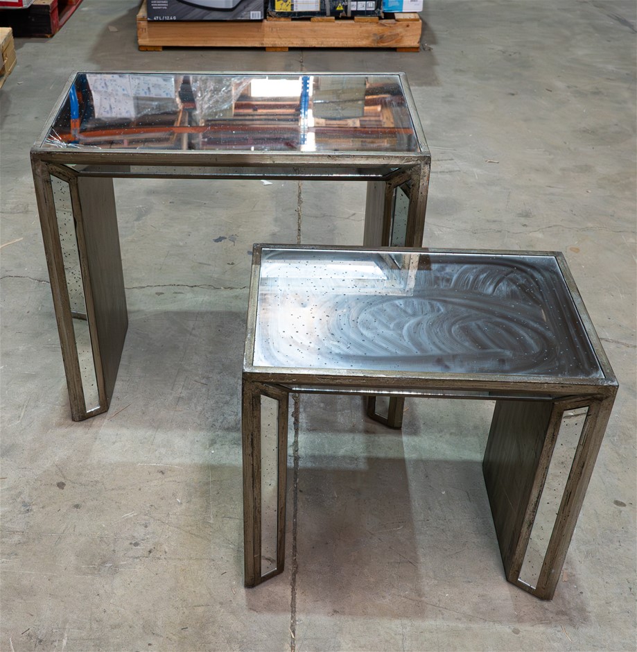 2 x NESTING SIDE TABLES, MERCURY MIRROR. NB: 1 x SIDE TABLE HAS CRACKED MIR
