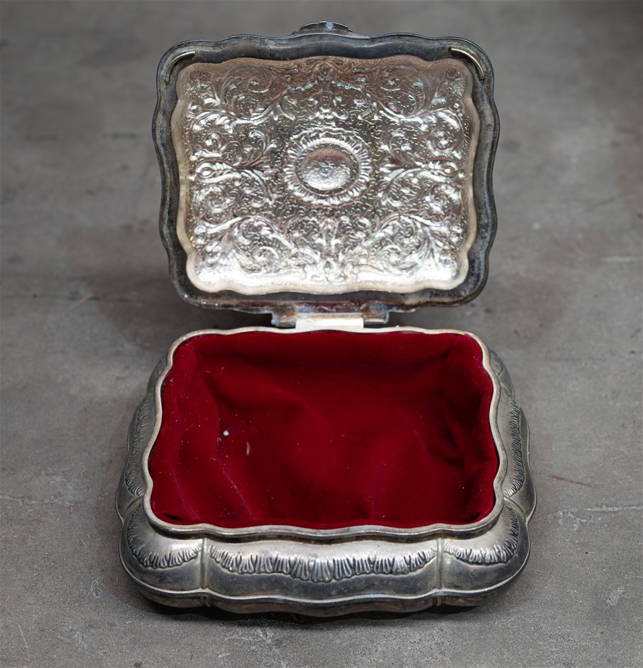 ANTIQUE SILVER W/BRASS BASE JEWELLERY BOX WITH RED VELVET INTERIOR VINTAGE
