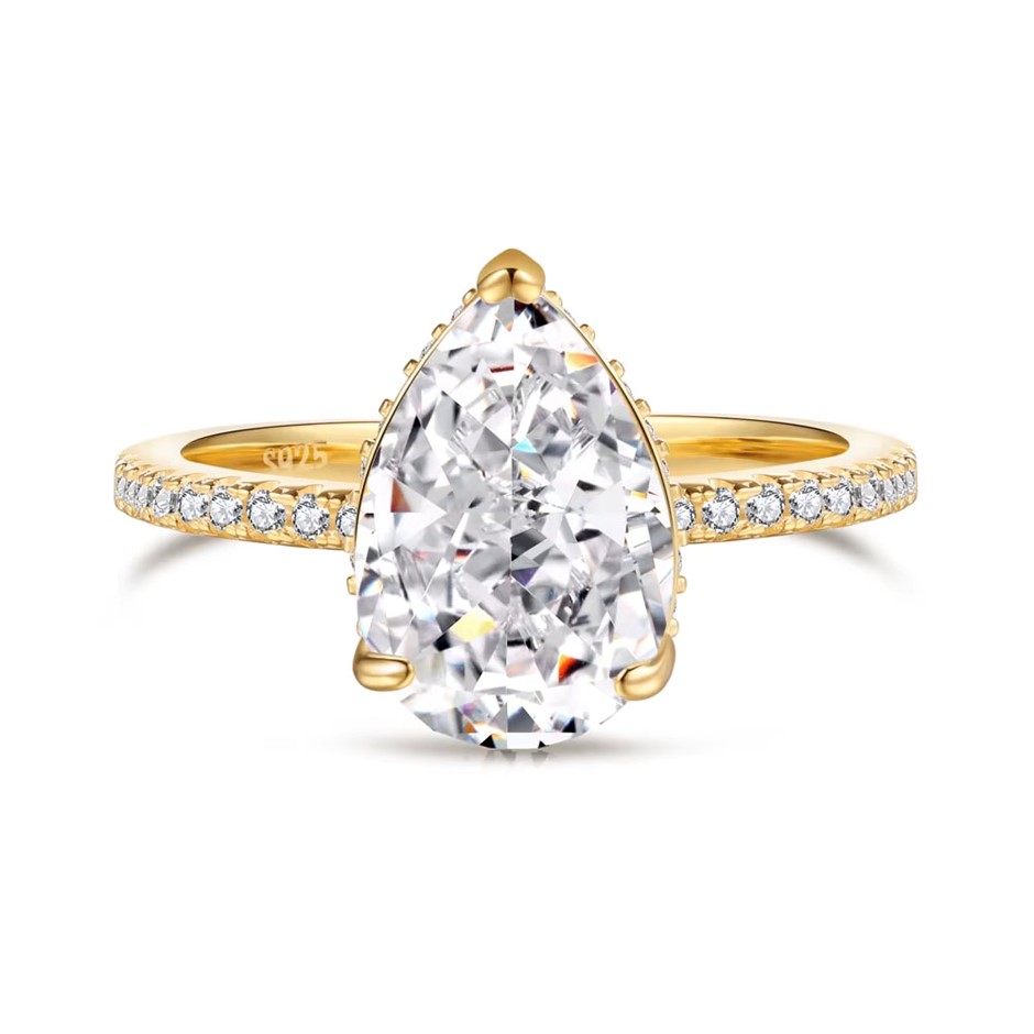 2.75ct Pear Cut Simulated Diamond 18K Gold Filled 925 Silver Ring - Size 8
