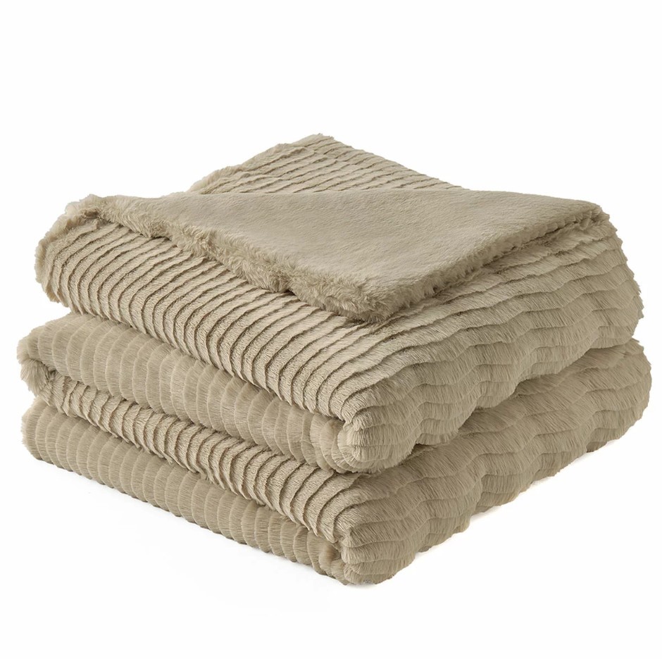 CASUAL LIVING Faux Fur Ribbed Texture Throw Blanket, 127cm x 177cm, Tan.