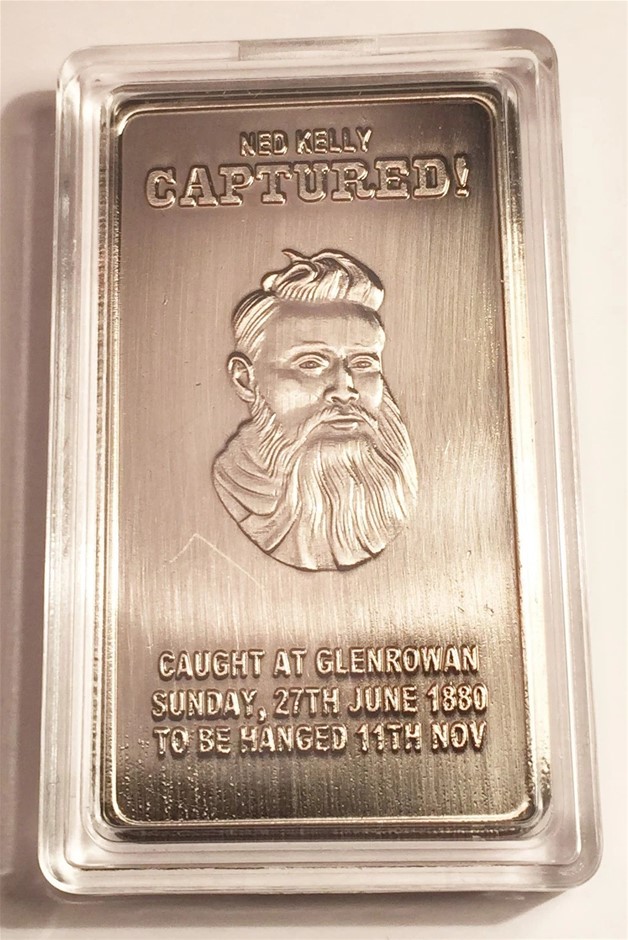 NED KELLY "Captured" 1oz Ingot Finished in 999 Antique Silver, Bush Ranger,
