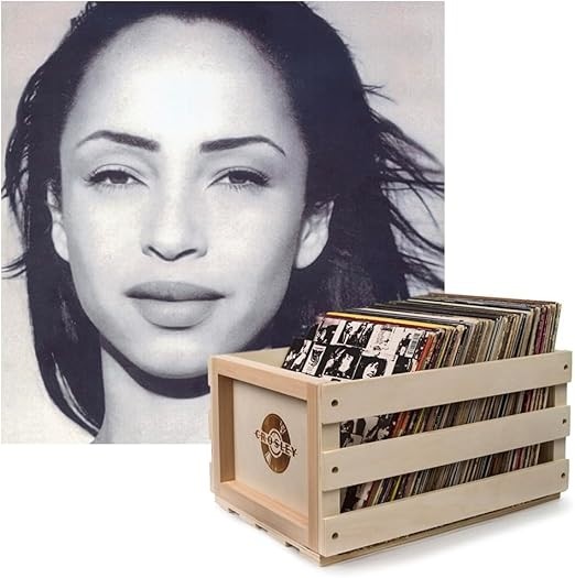 CROSLEY Record Storage Crate with Sade The Best of Sade Vinyl Album.