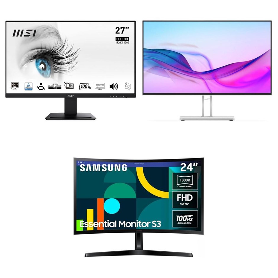 3 x Assorted Monitors. 1 x MSI PRO MP275Q 27 Inch Eye Care Ergonomic Busine
