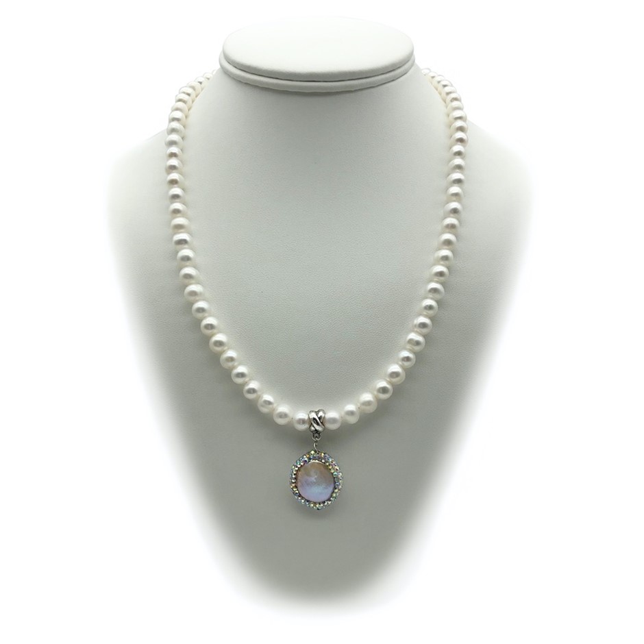 7-8mm White Pearl & White Baroque Pearl Glam Pendant.