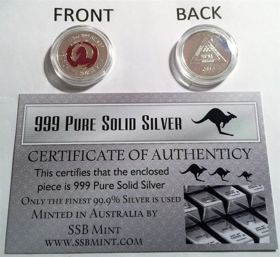 2014 YEAR OF THE HORSE 1/10th OZ (Approx) 999 Pure  Silver Coin C.O.A. Col