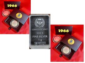 1966 Australia silver 50 cents in box UNC x 2 & 1g Germania Silver bar