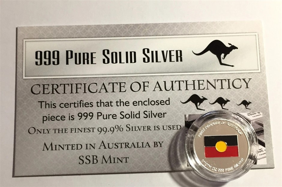 Aboriginal Flag, 1/10th Oz (ApproX) 999 Pure Solid Silver Bullion Coin COA