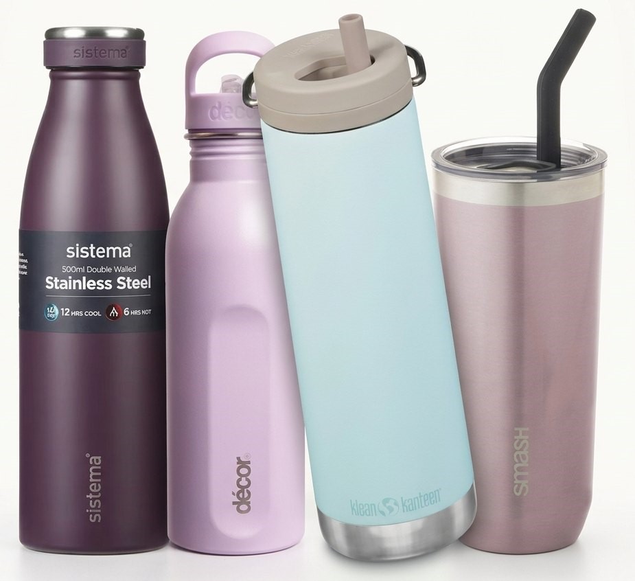 4 x BOTTLES: Sistema 500 ml Stainless Steel Bottle, Purple; Klean Kanteen 5