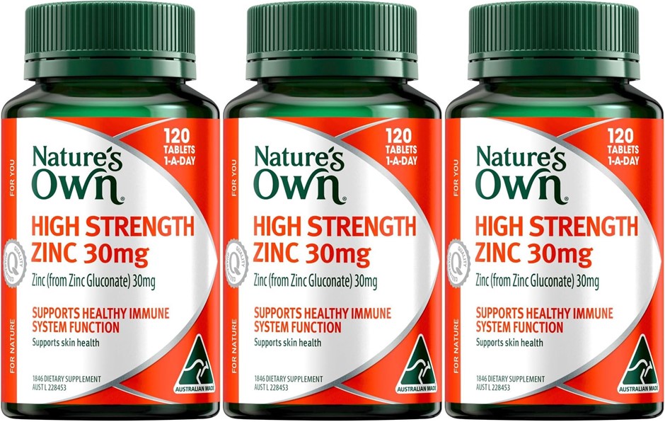 3 x NATURE'S OWN High Strength Zinc 30mg - Supports Immune System Function