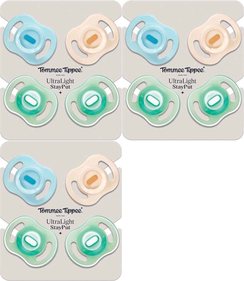3 x 4 Pack TOMMEE TIPPEE Ultra-Light StayPut Day and Night Soothers, 0-6m O