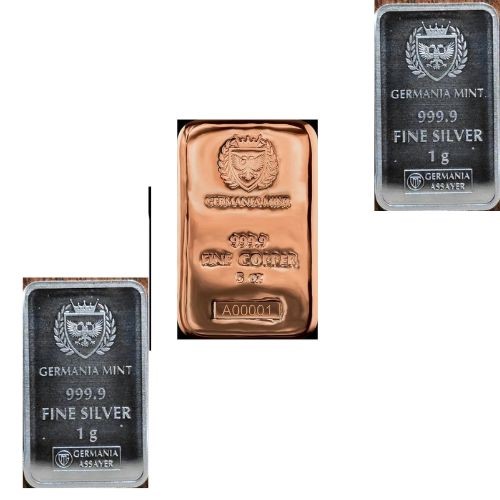 5 ounce Germania mint copper bar & 1 gram Germania silver bar 2