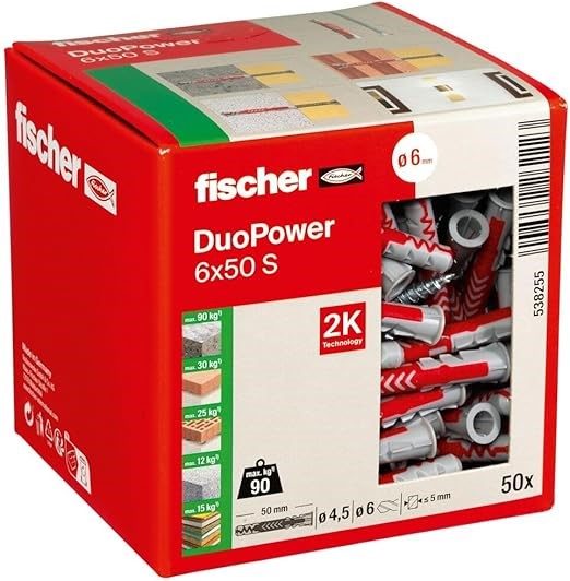 Fischer DuoPower 6 x 50 S, Powerful Universal Plug with Safety Screw, Intel